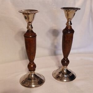 Vintage Silver Tone and Brown Accent Candlesticks Pair Made In India